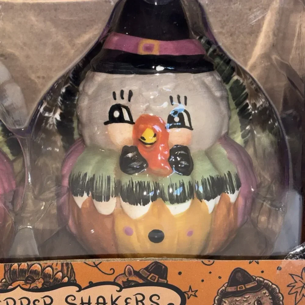 Johanna Parker Thanksgiving Turkeys Pilgrim Purple Salt & Pepper Shaker Set NEW